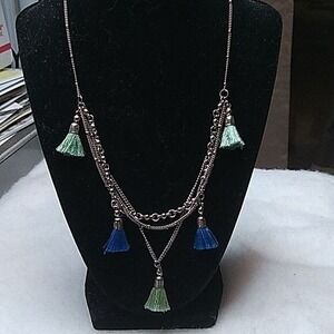 Blue and green‎ multilayer tassel necklace